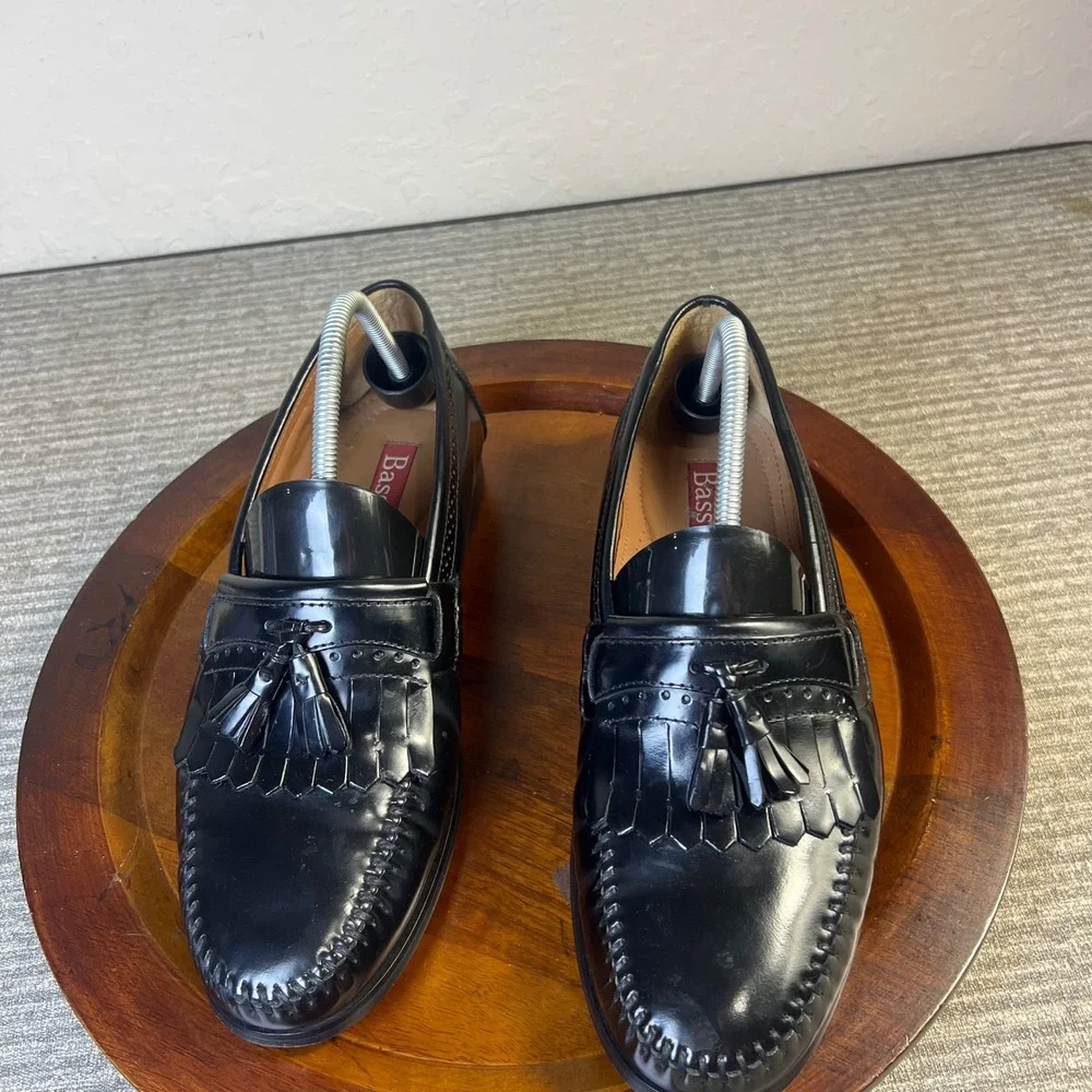 Bass Mens Shoes Black Leather Kiltie Tassel Loafers Brogue Detail Slip On Dres